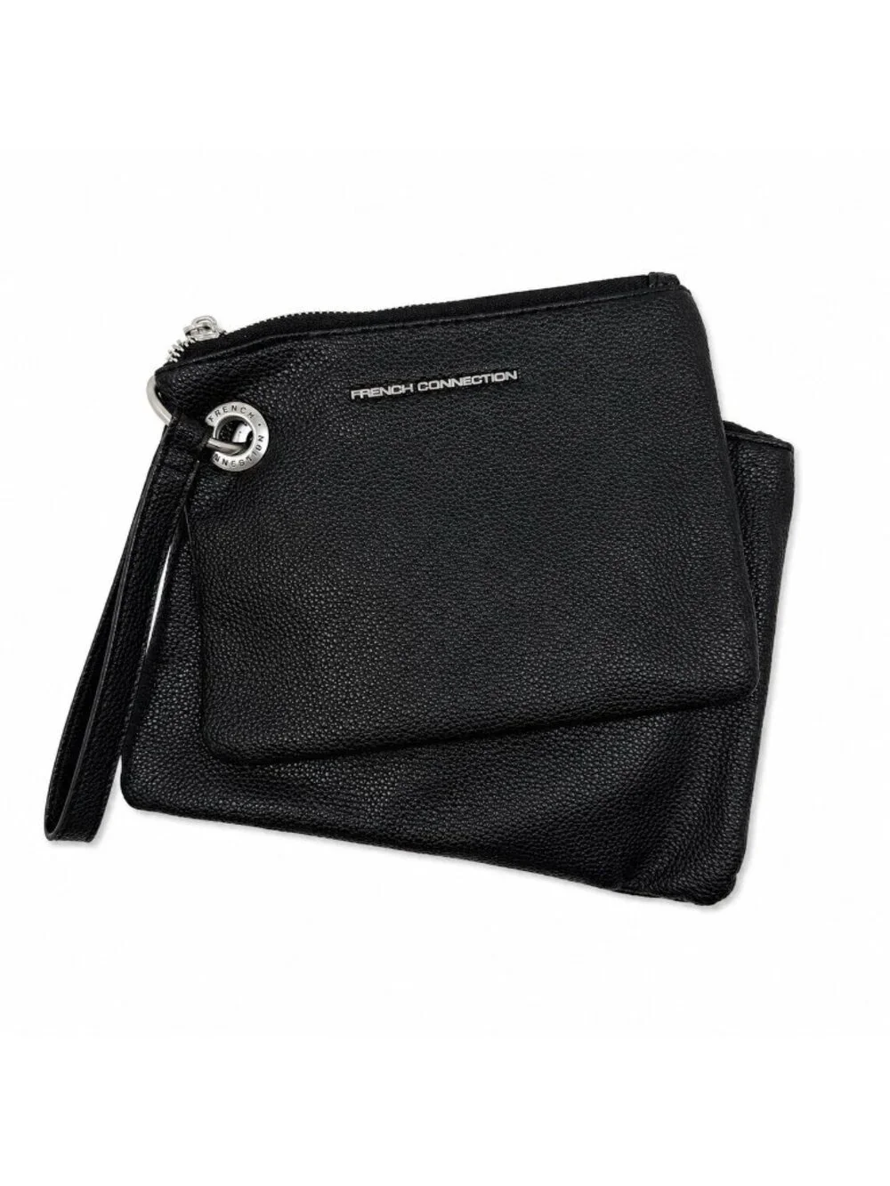 French Connection Lara Pebble Wristlet Black NWT Silver Old Money Clutch Pouch